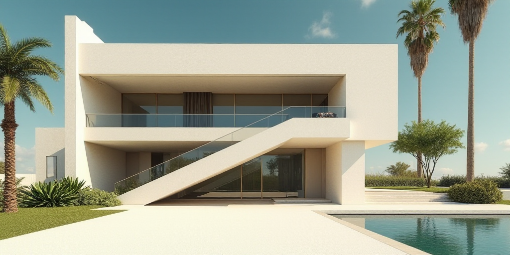 a building with a large window and a staircase going up the side of it with a sky background and pal