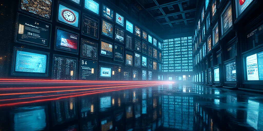 a building with a lot of screens and a clock on it's side and a lot of numbers on the wall, Andries