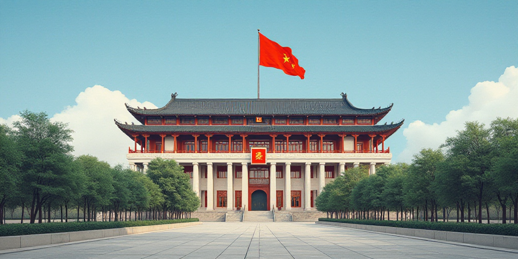 a building with a red flag on top of it and trees in front of it and a blue sky, Cui Bai, symmetric