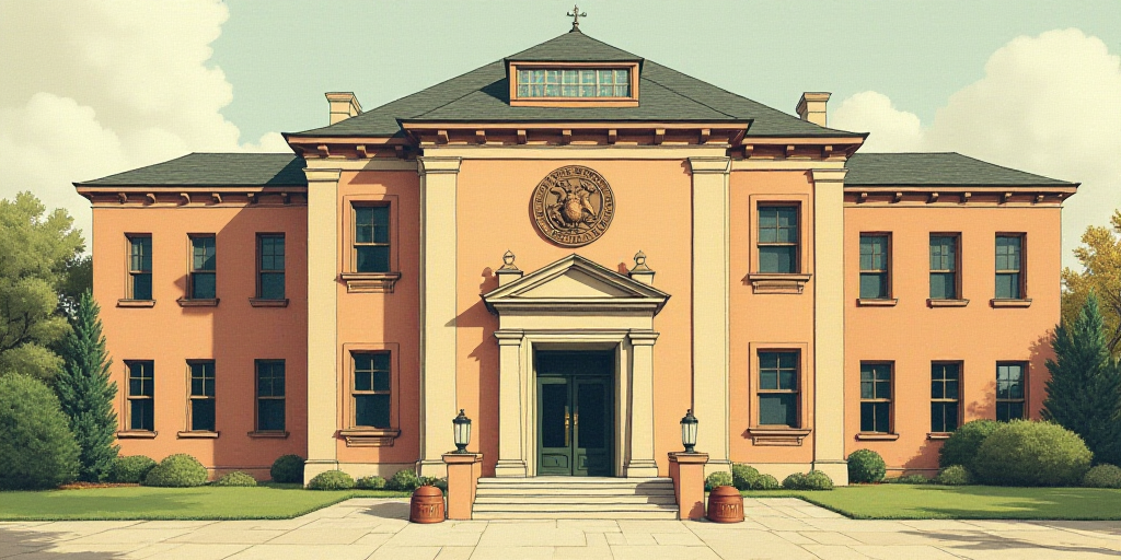 a building with a seal on the front of it and a building in the background with a skylight, Evelyn A
