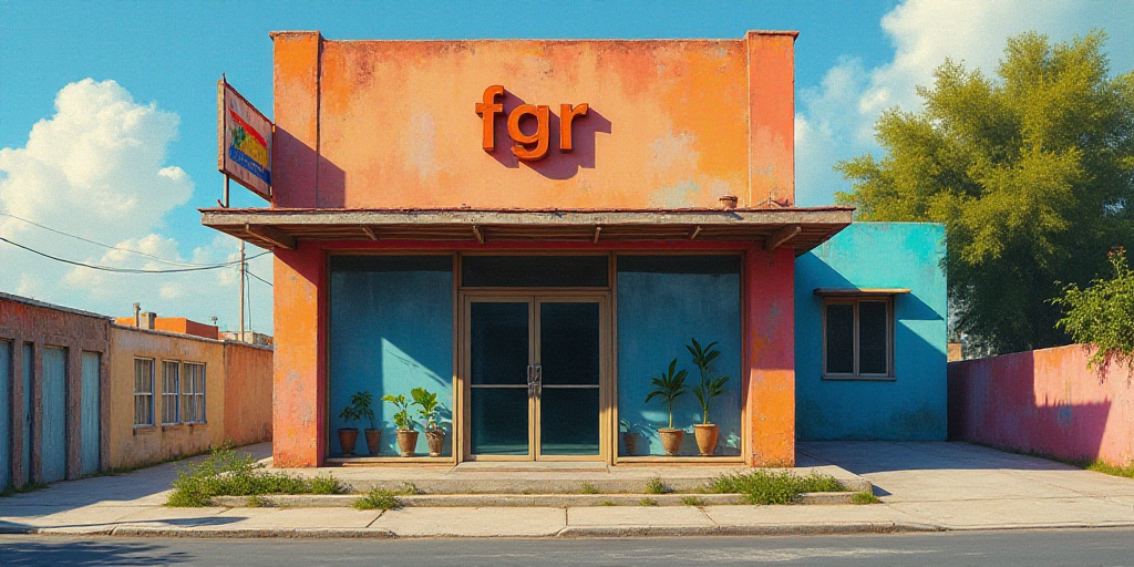 a building with a sign that says fgr and a flag hanging from the side of it's glass front, Federico