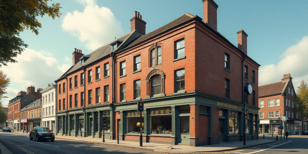 a building with a sign that says the return of the tea company on it's side and a clock on the outsi