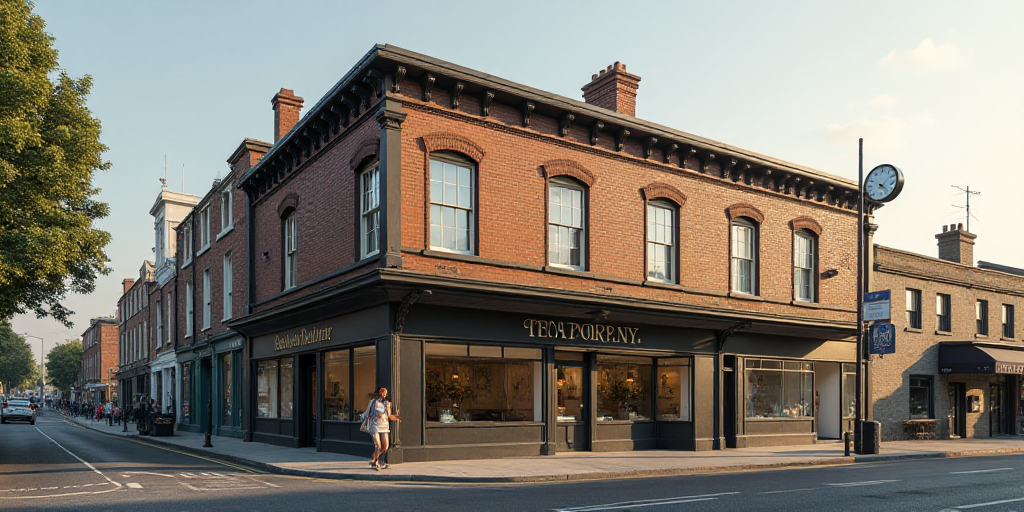 a building with a sign that says the return of the tea company on it's side and a clock on the outsi