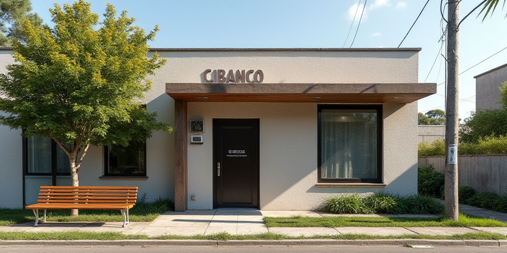 a building with a sign that says cibanco on it's side and a bench in front of it, Carlos Francisco C