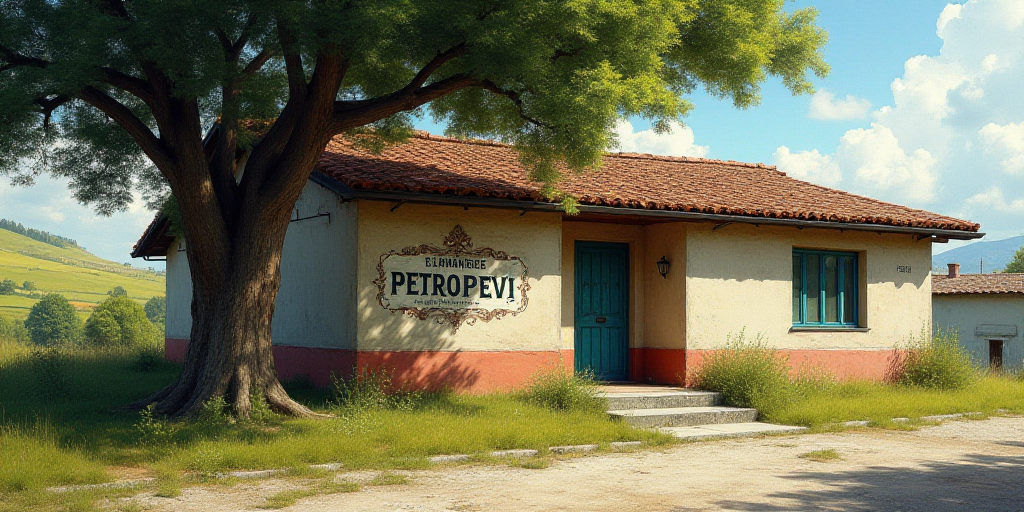a building with a sign that says petropevi on it's side and a tree in front of it, Ceferí Olivé, o