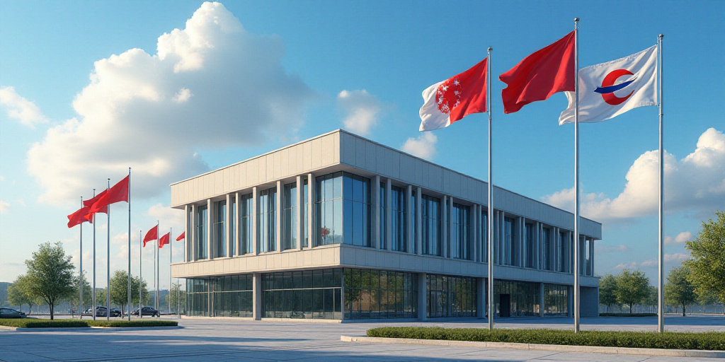a building with flags flying in front of it and a sky background with clouds in the background and a