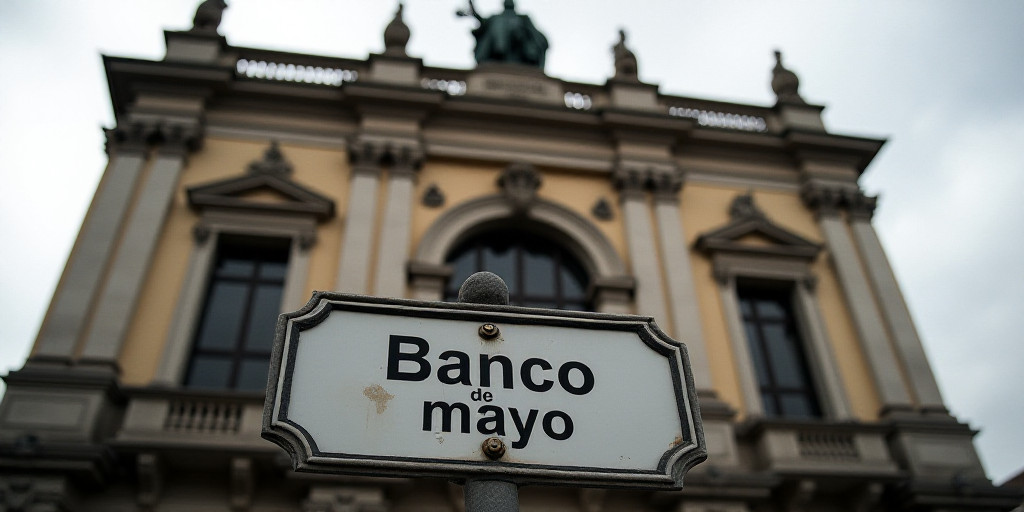 a building with statues on the front of it and a street sign in front of it that says banco de mayo,