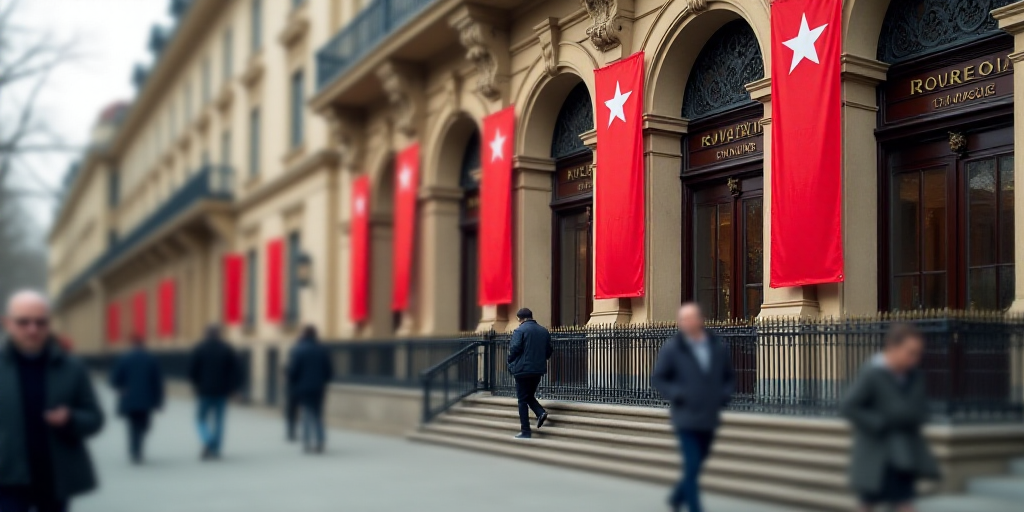 a building with three red banners hanging from the side of it's front entrance and people walking by