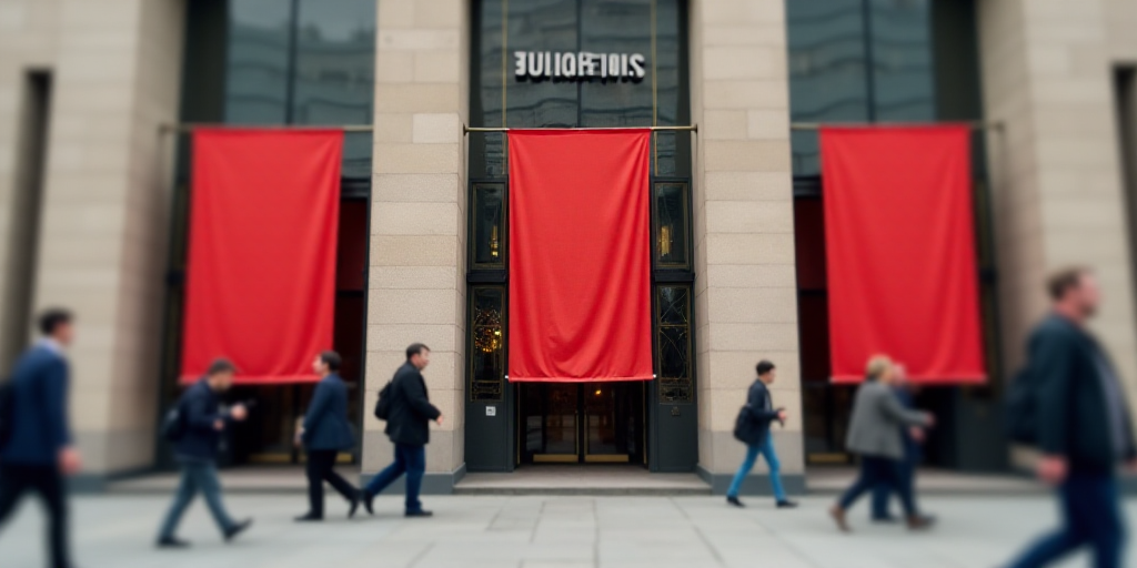 a building with three red banners hanging from the side of it's front entrance and people walking by