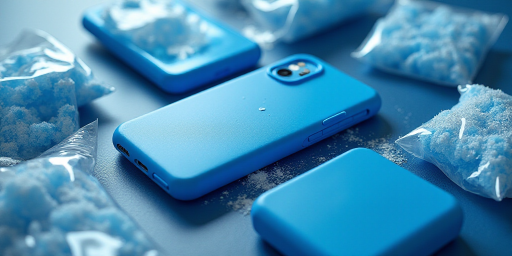 a bunch of blue items are laying out on a table with a phone case and other items in plastic bags, D