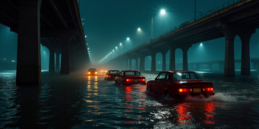 a bunch of cars that are in the water under a bridge at night time, with lights on the cars, Elbridg