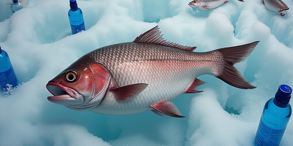 a bunch of fish that are on some ice and some water bottles and some fish on ice and some fish on ic
