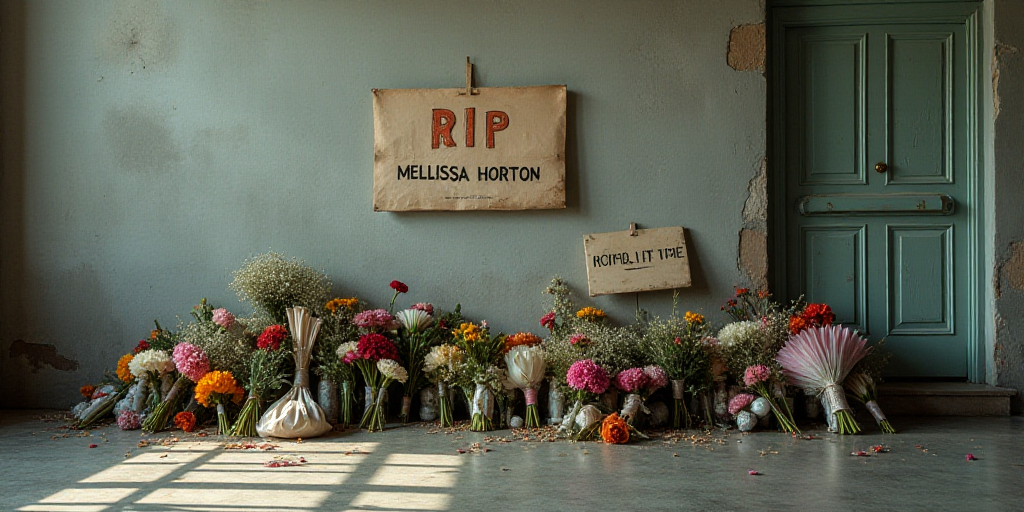 a bunch of flowers and signs on the ground near a wall with a sign that says rip mellissa horton, Ch