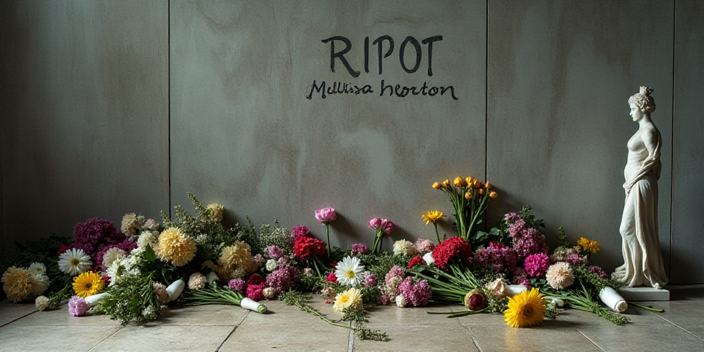 a bunch of flowers and signs on the ground near a wall with a sign that says rip mellissa horton, Ch