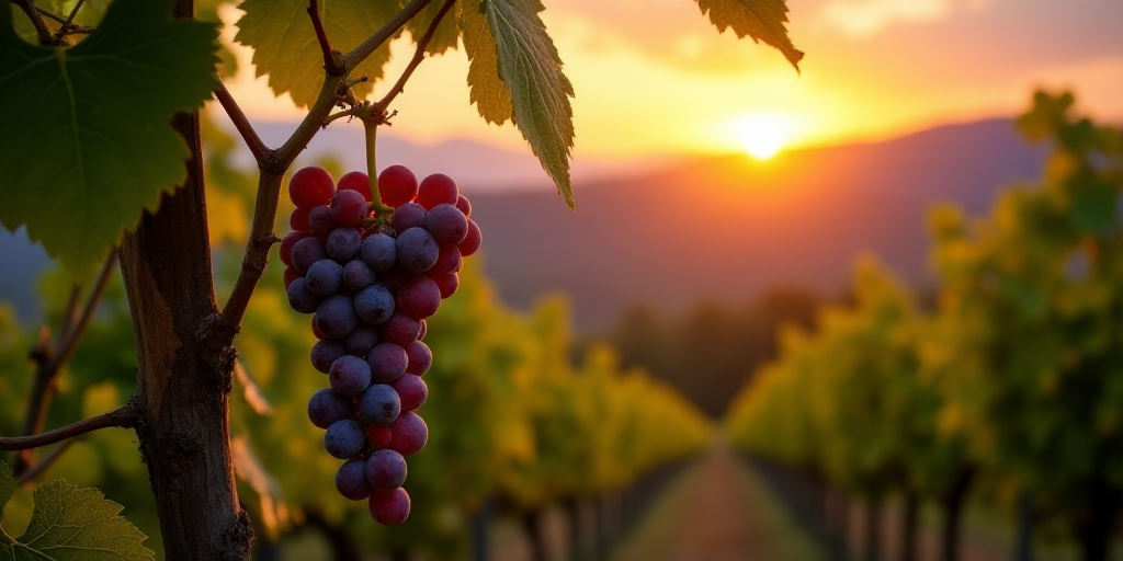 a bunch of grapes hanging from a vine in a vineyard at sunset or dawn with the sun setting behind th