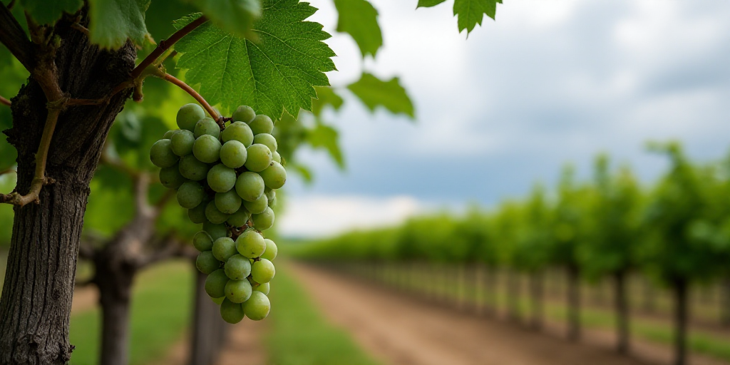 a bunch of grapes hanging from a vine in a vineyard with a cloudy sky in the background and a field