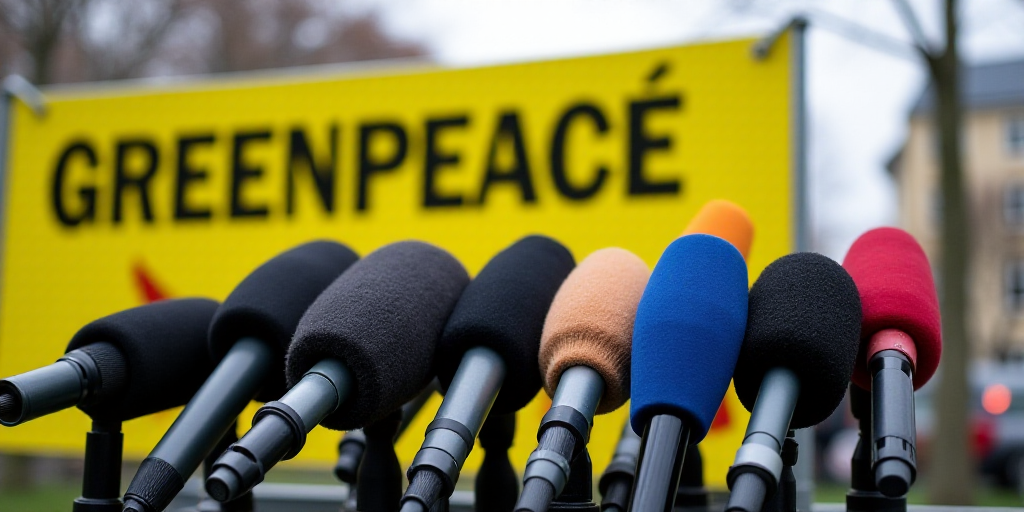 a bunch of microphones are lined up in front of a sign that says greenpeace on it, Florence Engelbac