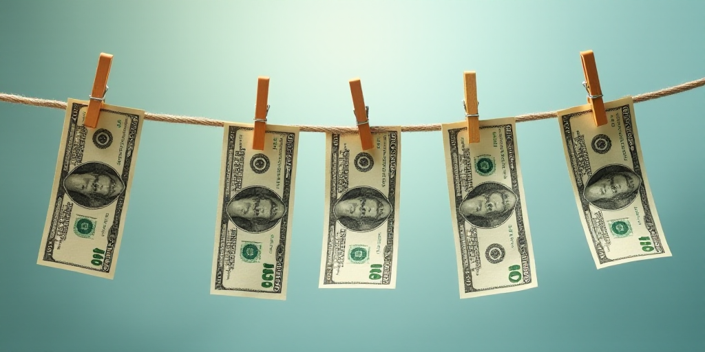 a bunch of money hanging from clothes pins on a clothesline with clothes pins hanging from them on a