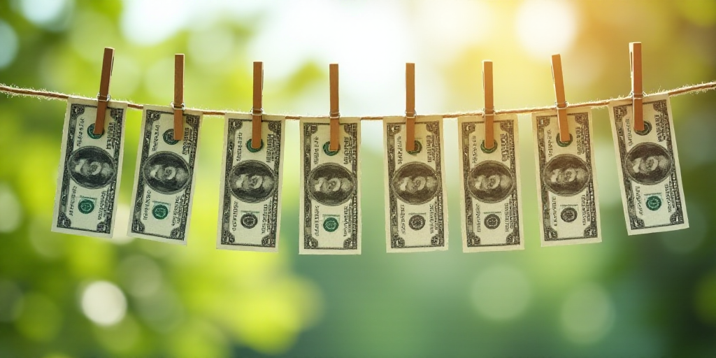 a bunch of money hanging from clothes pins on a clothesline with clothes pins hanging from them on a