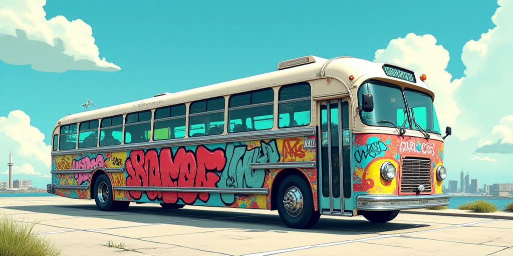 a bus with a lot of graffiti on it's side parked in a lot with a sky background, Aquirax Uno, ultra