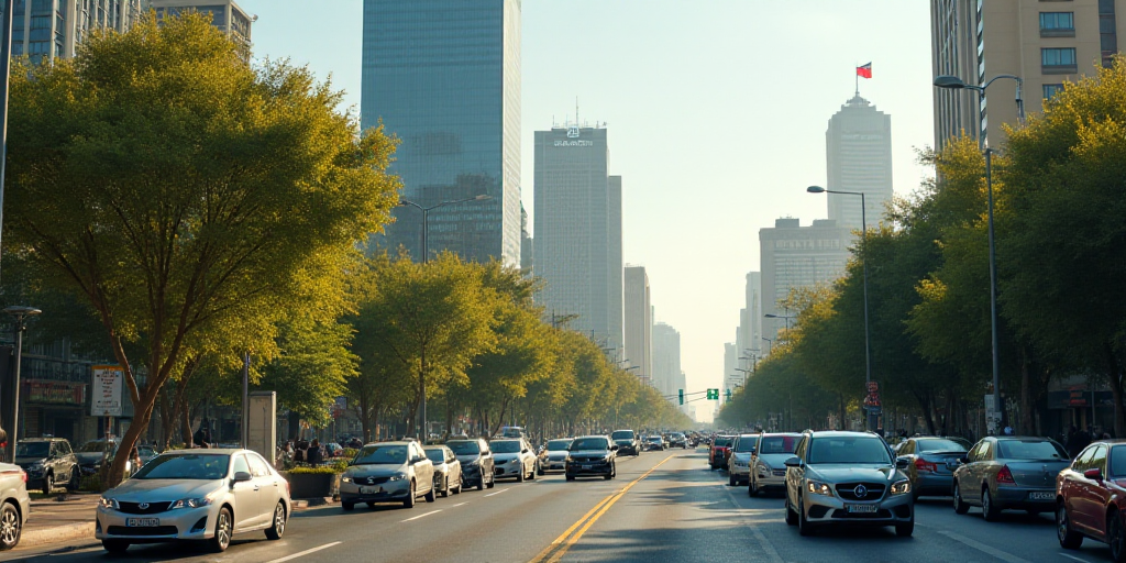 a busy street filled with lots of traffic next to tall buildings and trees in the background, with a