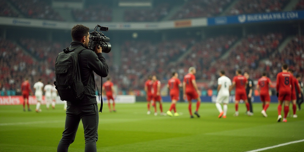 a cameraman filming a soccer game with his team mates on the field in front of a crowd of spectators