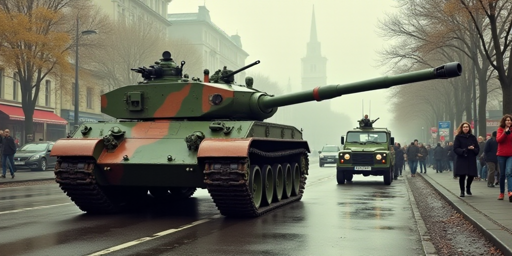 a camouflaged tank is parked on the street with other vehicles in the background and people walking