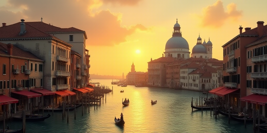 a canal with gondolas and buildings in the background at sunset in venice, italy, with a clock tower
