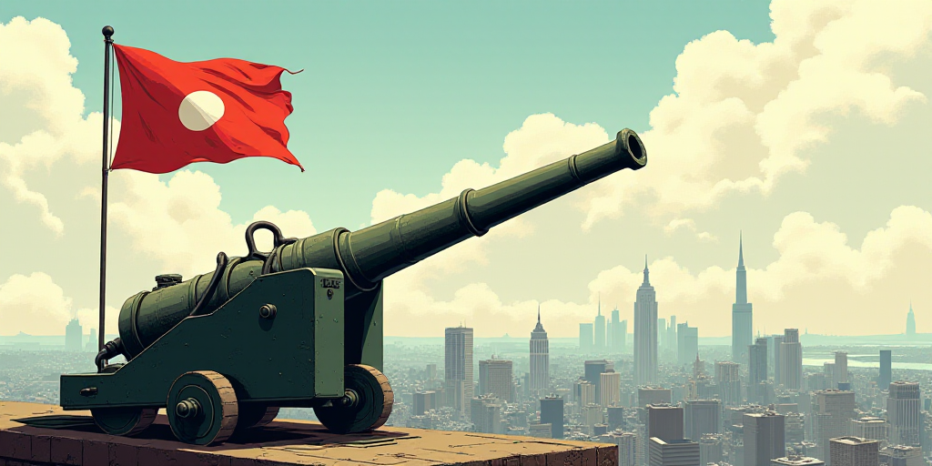 a cannon with a flag on it is flying over a city with skyscrapers and a flag on it, Andries Stock, d