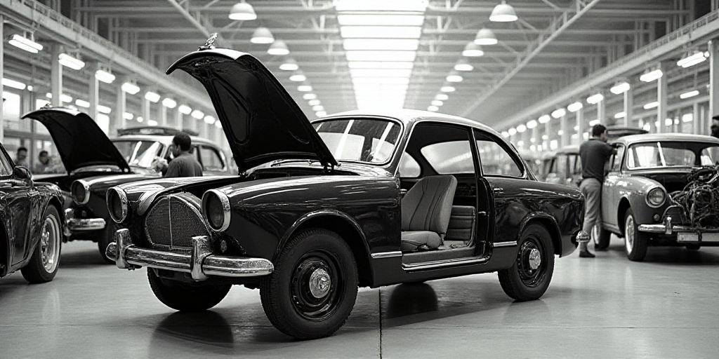 a car being assembled in a factory with workers working on it's hoods and cars on the assembly line,