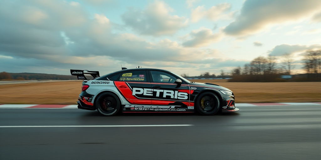 a car driving down a road with a sign on the side of it that says petris motorsportss, Cornelisz Hen