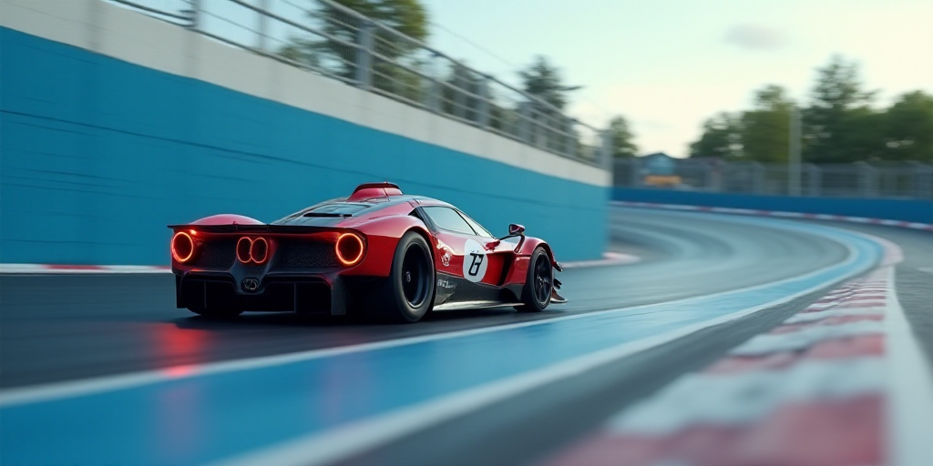 a car driving down a track with a blurry background of the track and a blue wall behind it, Cornelis