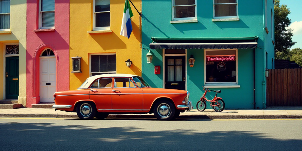 a car parked on the side of a street next to a tall building with a flag on it's side, Celia Fiennes