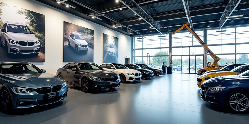 a car showroom with cars on display and a large poster behind it that says, bmw, and a crane, Dahlov