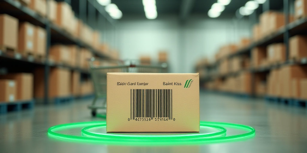 a card with a barcode on it in a warehouse with green circles around it and a shopping cart in the b