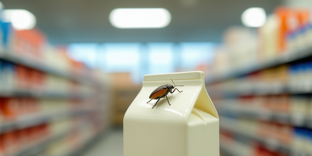 a carton of milk with a bug on it in a store aisle of milk bottles and milk cartons, Andries Stock,