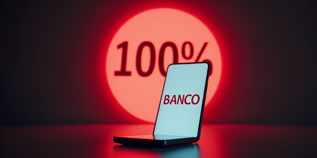 a cell phone with a 100 % banco on it sitting in front of a circular background with a red text, Emi