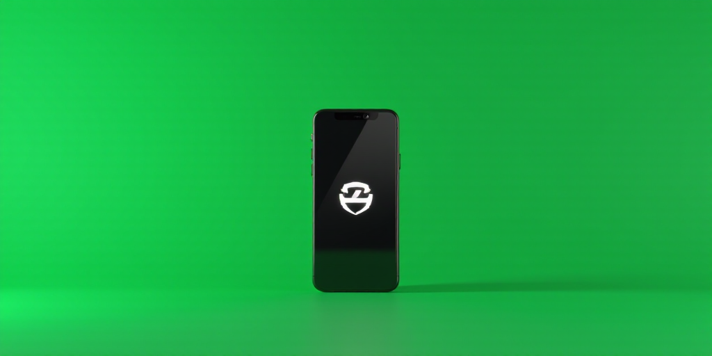a cell phone with a logo on it is shown in front of a green background with a black and white logo,