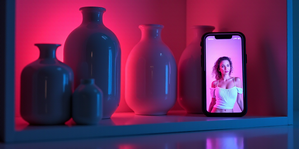 a cell phone with a picture of a woman on it next to a shelf of vases and bottles, Daphne Allen, vap