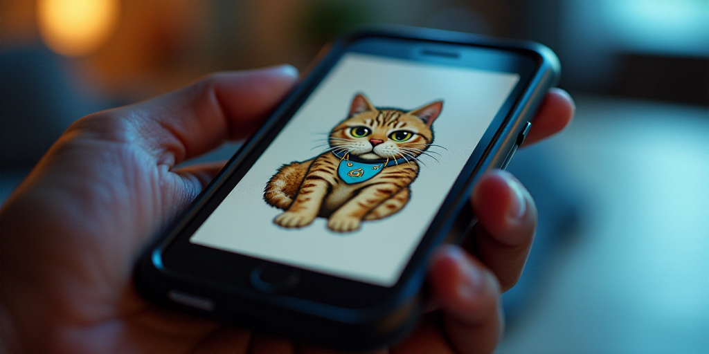a cell phone with a temu sticker on it's screen and a picture of a cat, Ben Enwonwu, promotional ima