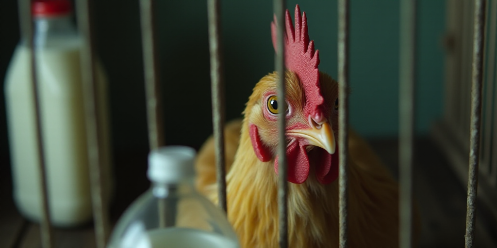 a chicken in a cage with a bottle of milk in the background and a plastic bottle in the foreground,