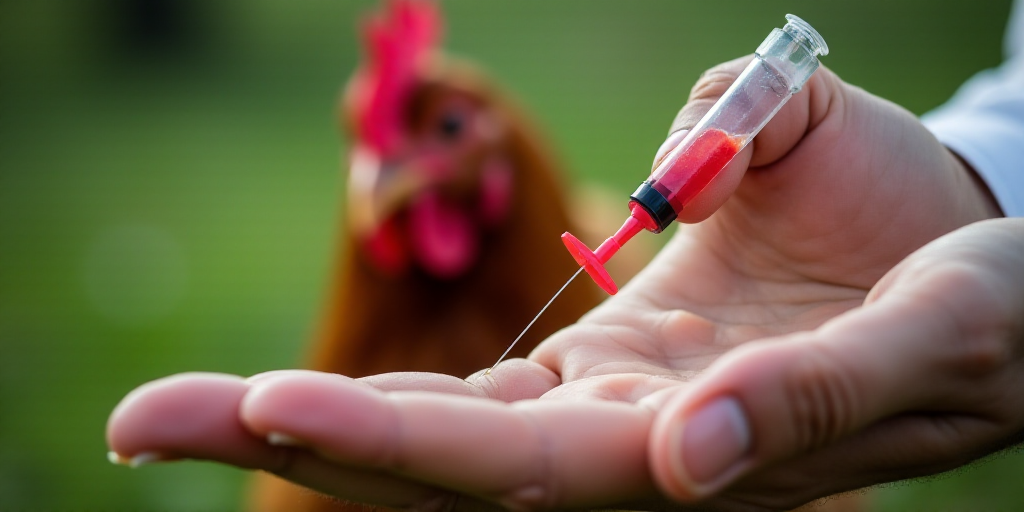 a chicken is in the background with a syring in its hand and a blood test in the foreground, Avgust