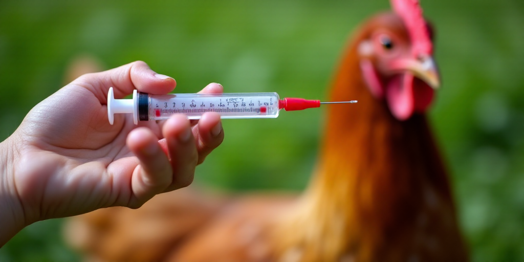 a chicken is in the background with a syring in its hand and a blood test in the foreground, Avgust
