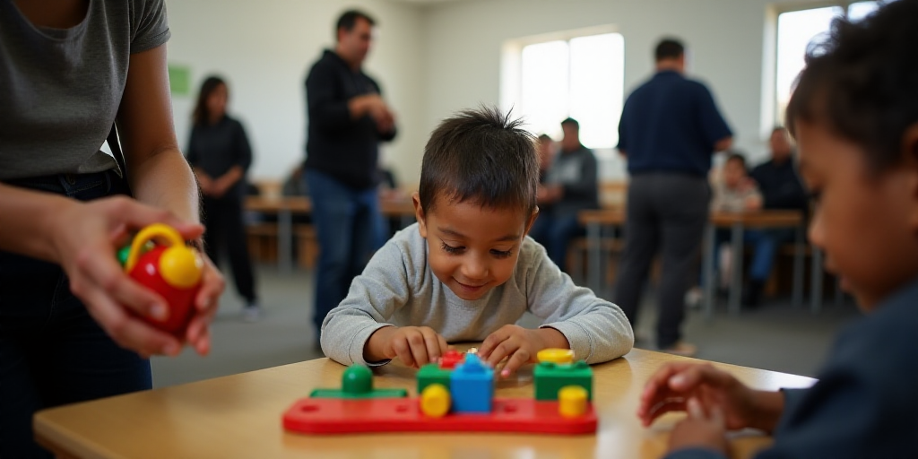 a child is playing with a toy in a room full of people and a woman is holding a toy, Alejandro Obreg