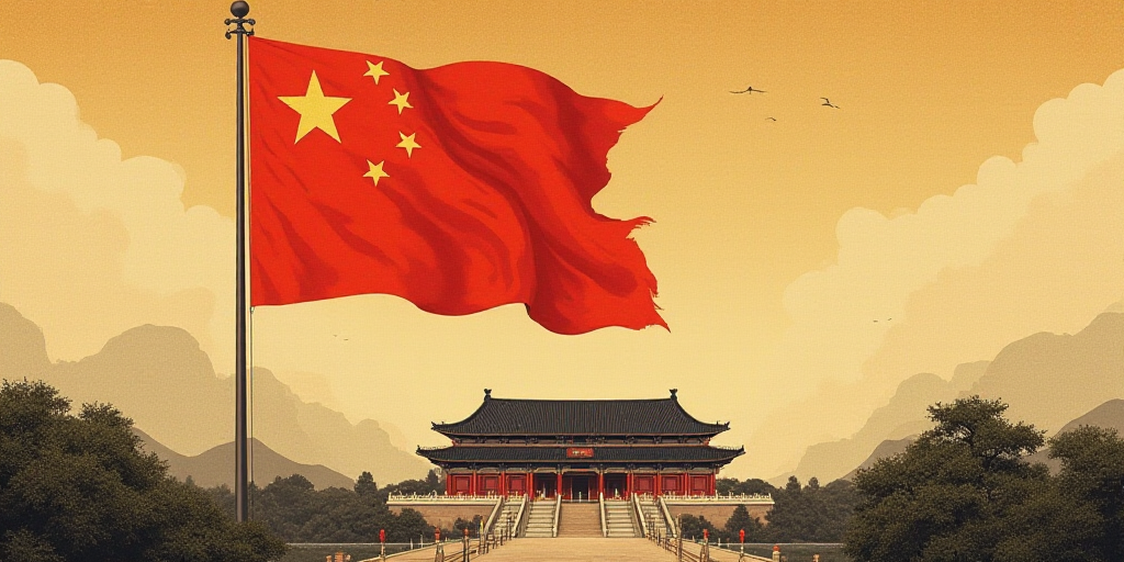 a chinese flag flying in front of a building with a roof and a balcony area with statues on top, Emp