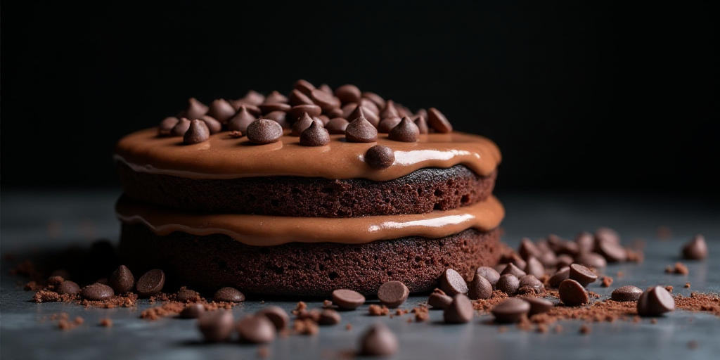 a chocolate cake with chocolate chips on top of it on a table with a black background and a black ba