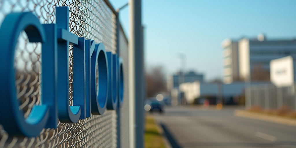 a citigroup sign is shown behind a fenced in area with a building in the background and a blue sky,