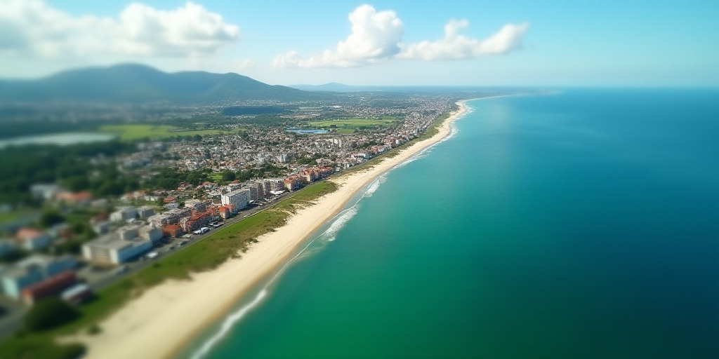 a city next to the ocean with a green beach in front of it and a long stretch of water, Bascove, aer