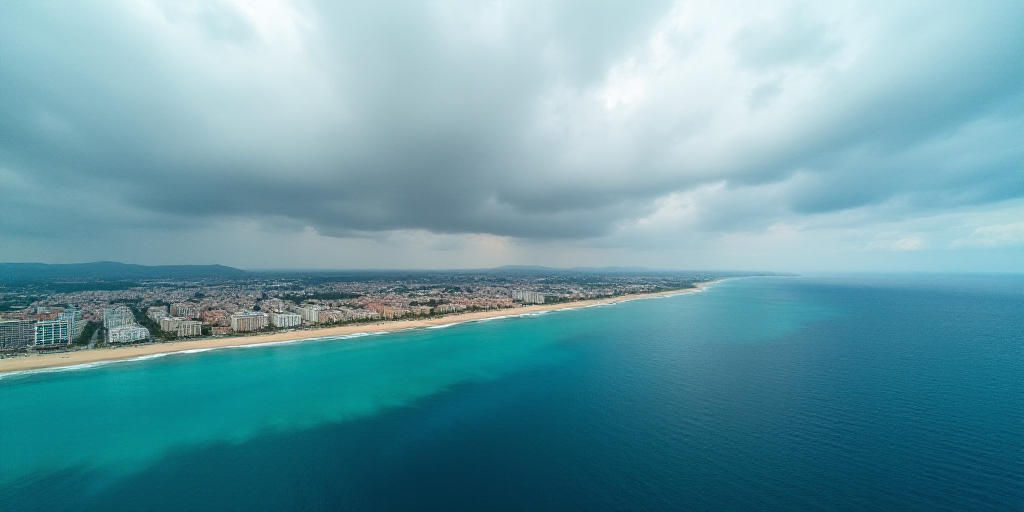 a city on a beach with a blue ocean and a cloudy sky above it and a blue ocean below it, Esaias Bour