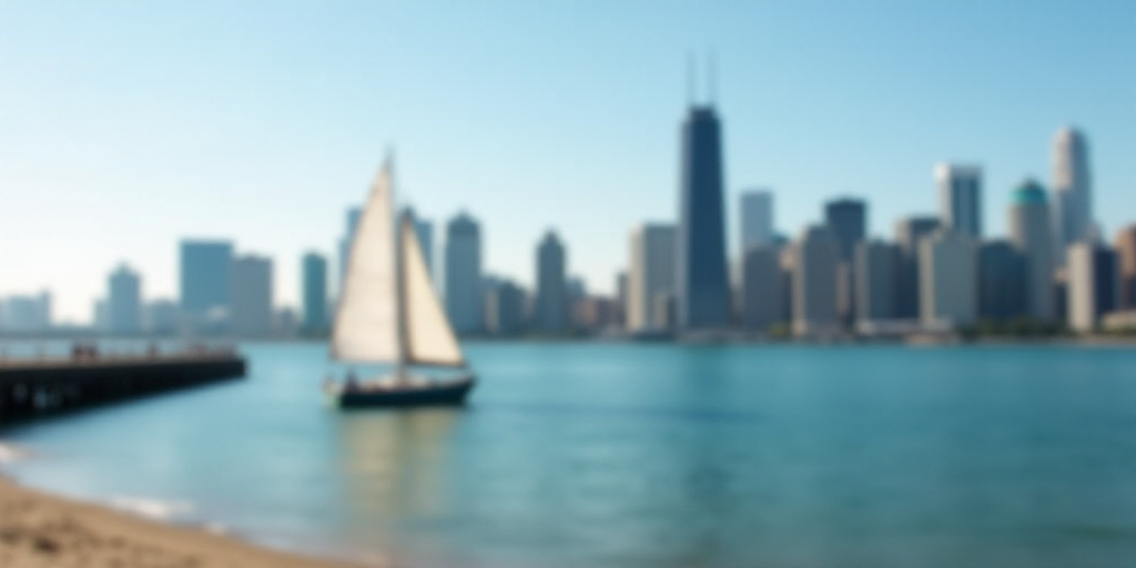 a city skyline with a beach and a sailboat in the water and a pier in front of it, Art Brenner, city